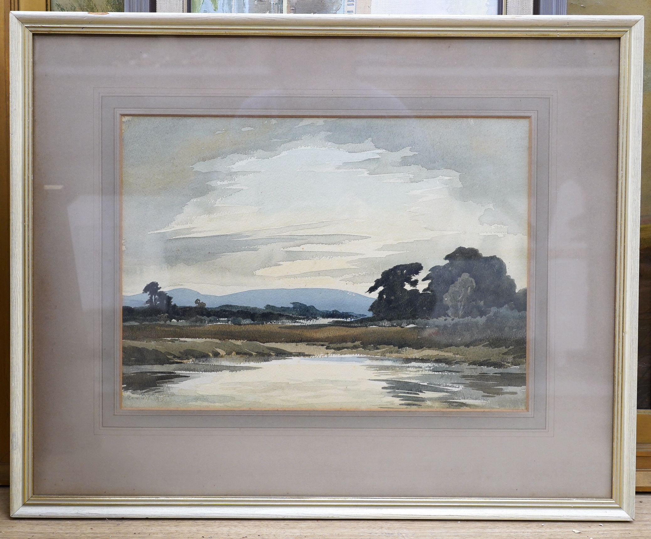 Edwin Harris (1891-1968), watercolour, 'The Arun, Pulborough', signed, label verso, 26 x 36cm. Condition - poor to fair